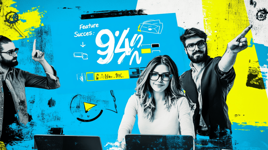 A product owner a woman and a man pointing 3