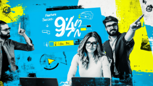 A product owner a woman and a man pointing 3