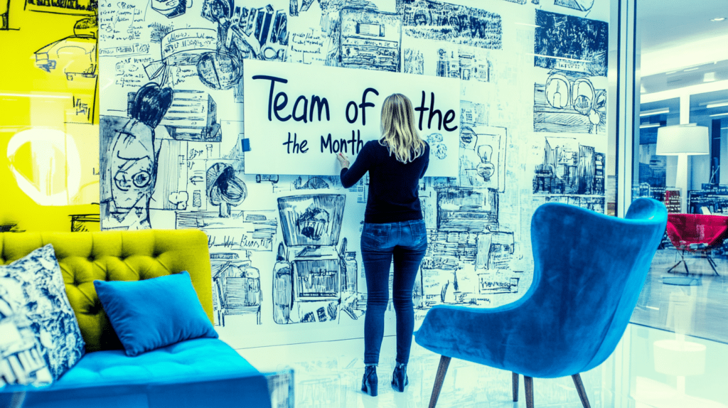 A staff member updating a shared success wall 1