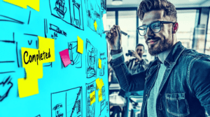 A team placing sticky notes under Completed