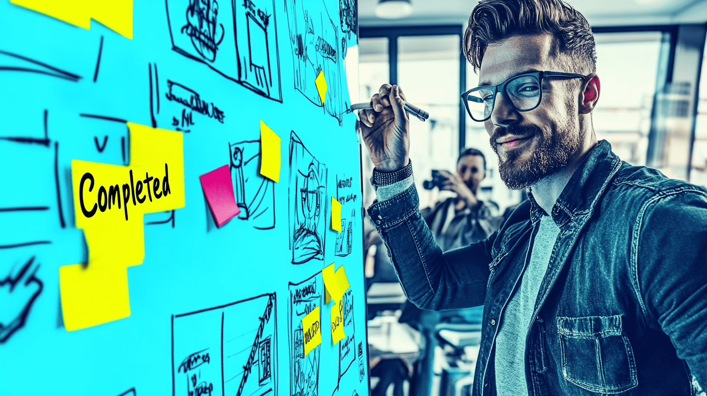 A team placing sticky notes under Completed