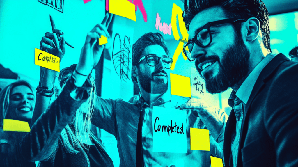 A team placing sticky notes under Completed 2