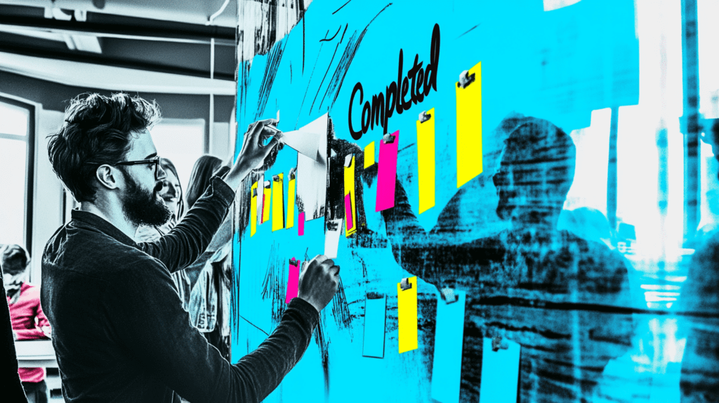 A team placing sticky notes under Completed 3
