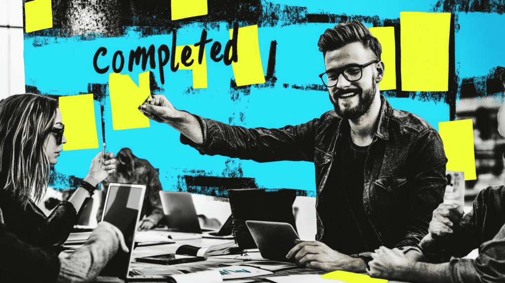 A team placing sticky notes under Completed 4