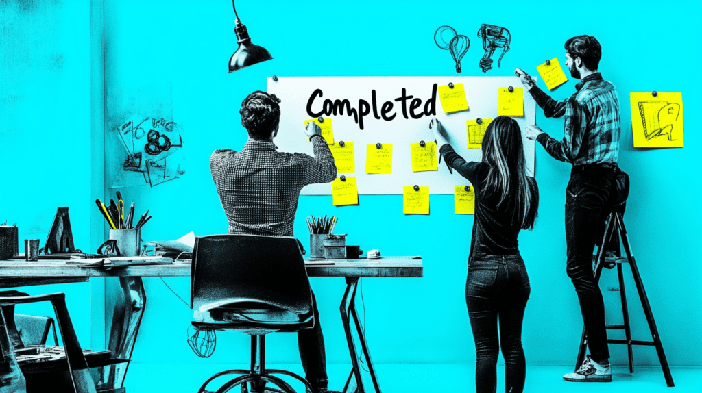 A team placing sticky notes under Completed 5