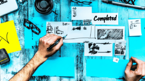 A team placing sticky notes under Completed 7