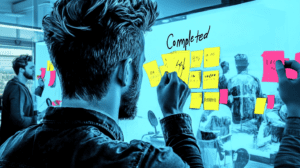 A team placing sticky notes under Completed 8