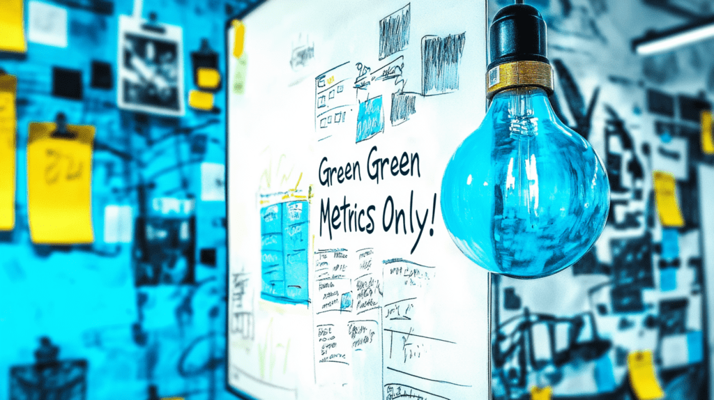 An office whiteboard filled with Green Metrics