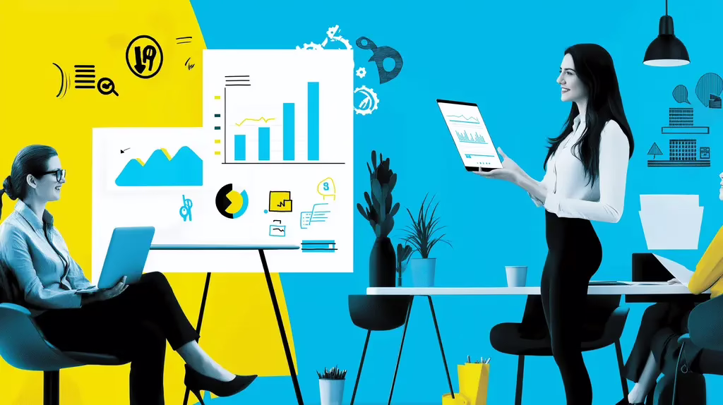 businesswoman confidently presenting a rising KPI