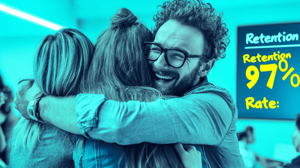 A leader hugging a mixed team members 1