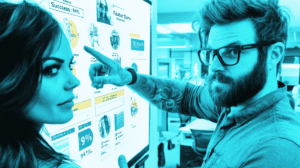 A product owner a woman and a man pointing