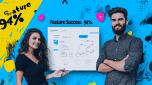 A product owner a woman and a man pointing to