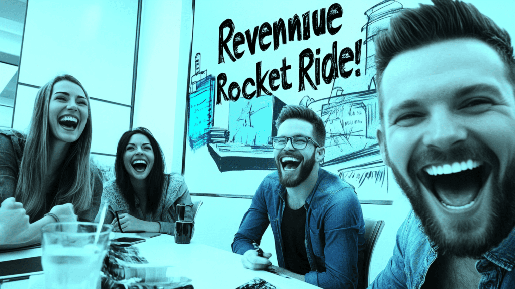 A team laughing around a slide 1