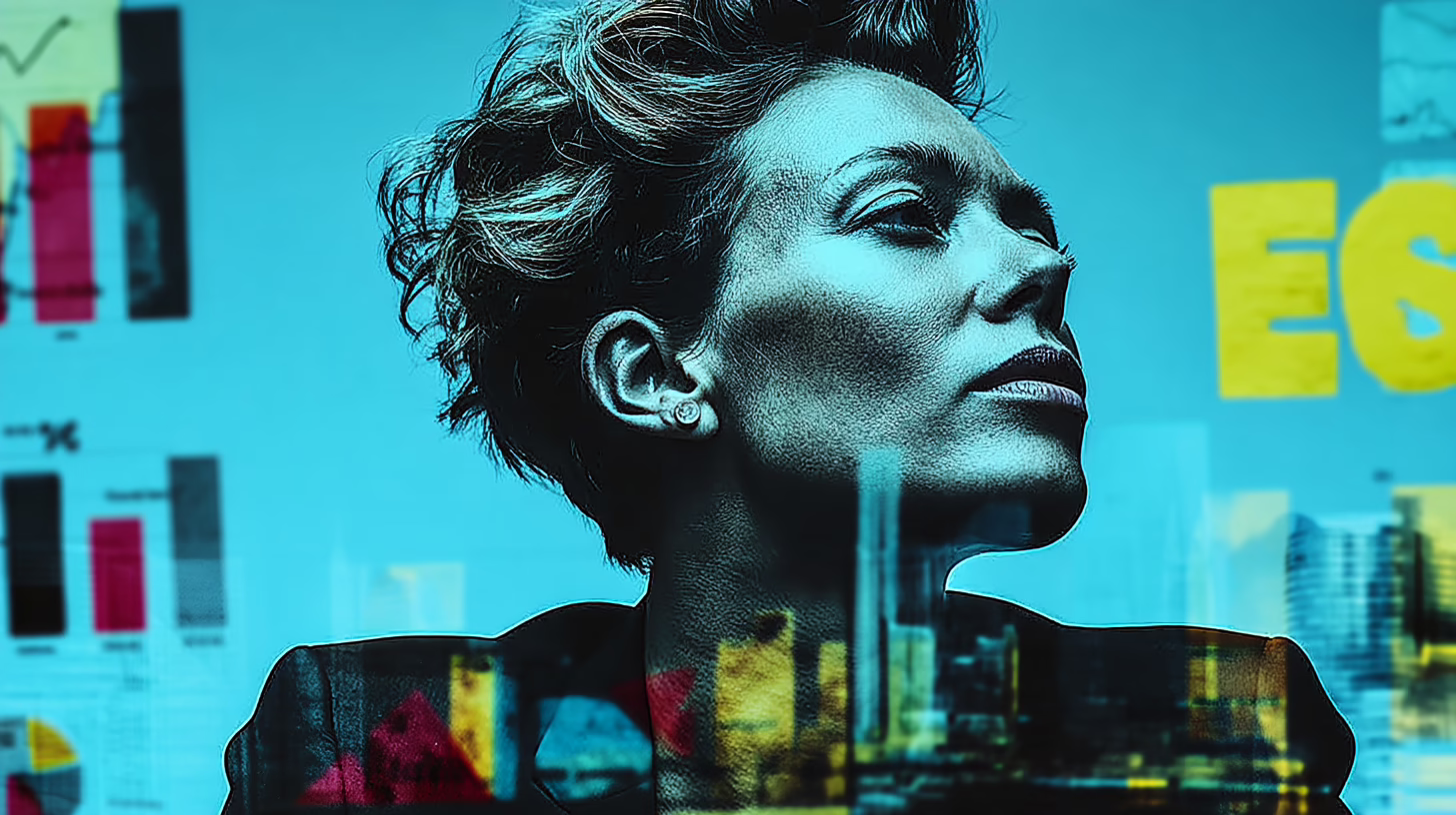 A focused businesswoman analyzing ESG and KPI dash