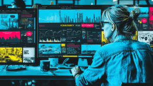 A focused businesswoman analyzing ESG and KPI dash