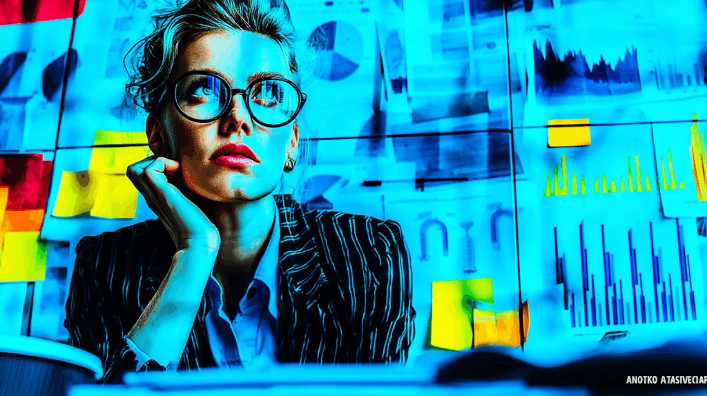 A focused businesswoman analyzing KPI dashboard on 3