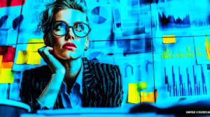 A focused businesswoman analyzing KPI dashboard on 3