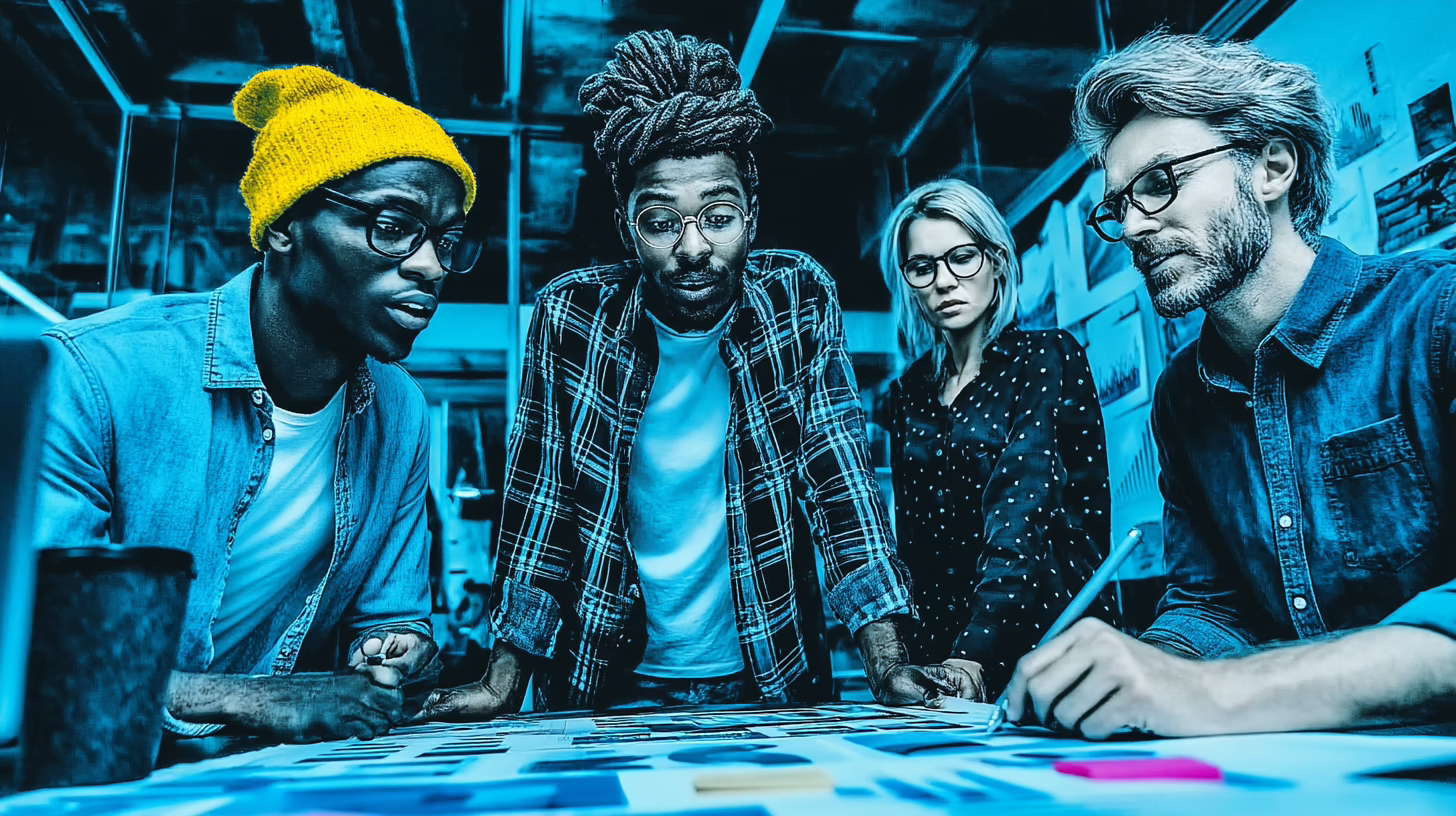 Diverse team collaborating around a glowing KPI b