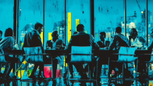 Diverse team collaborating around a glowing KPI b43