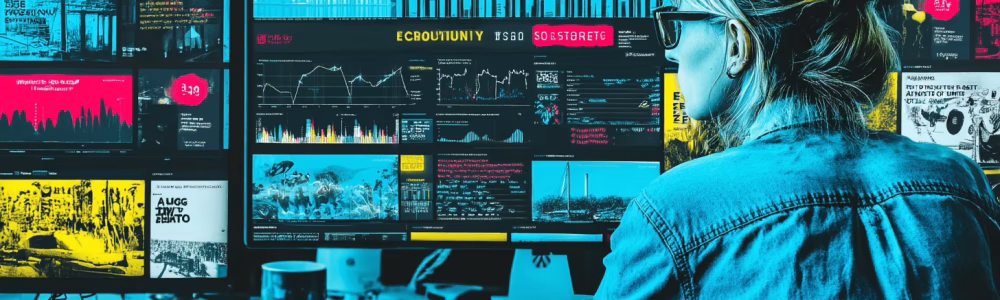 A focused businesswoman analyzing ESG and KPI dash