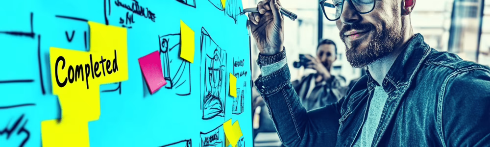 A team placing sticky notes under Completed