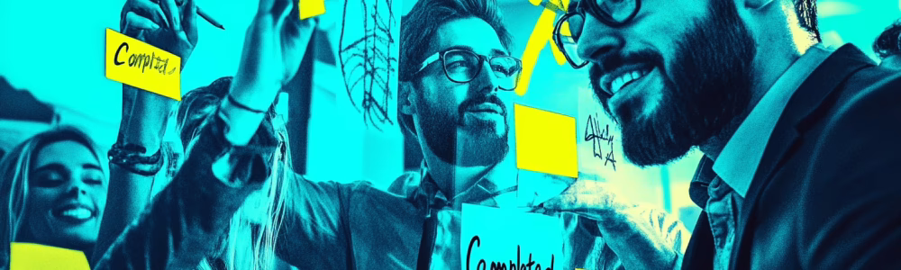 A team placing sticky notes under Completed 2