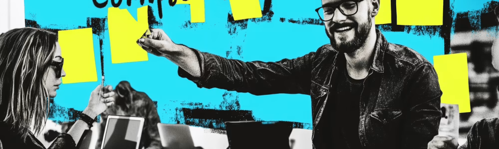 A team placing sticky notes under Completed 4