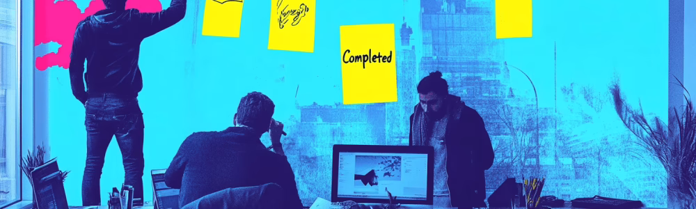 A team placing sticky notes under Completed 6