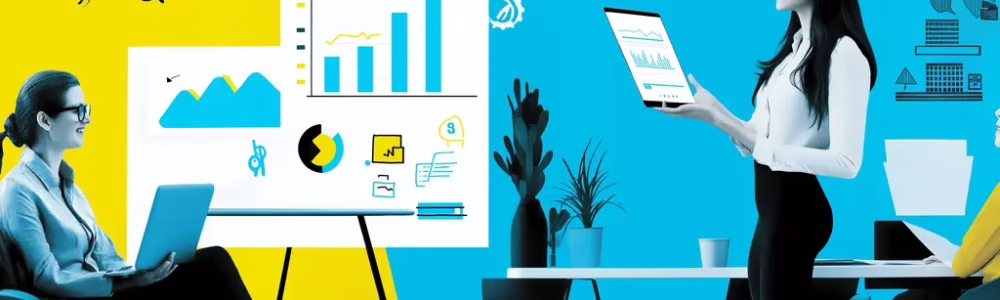 businesswoman confidently presenting a rising KPI